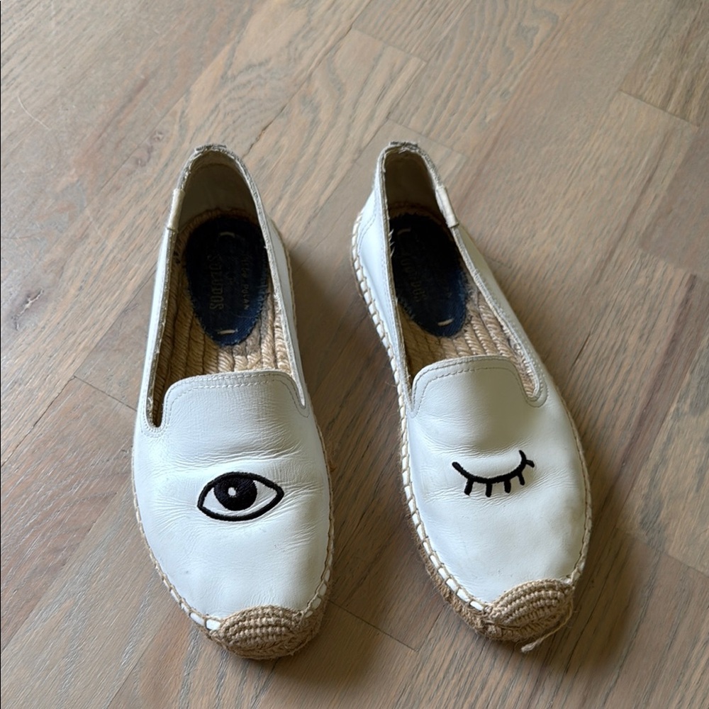 Soludos White and Tan Espadrille Flats with Whimsical Eye Design